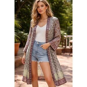 Zara Printed Long Kimono Duster – Boho Open Front Layer – Size M